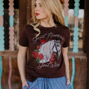 Women's Brown Graphic Tee with Horse and Floral Design